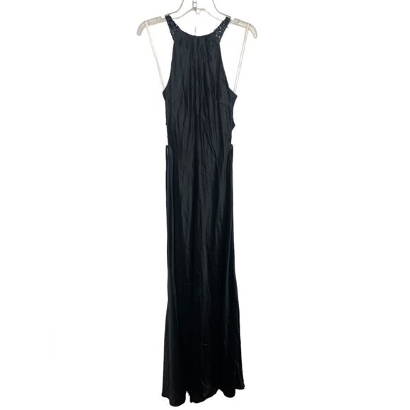 Vera Wang Black Satin Sleeveless Sequin Neck Keyhole Back Evening Maxi Gown 8 - Picture 2 of 16